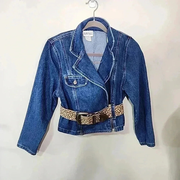 Rampage Vintage 70-80s denim cropped  high shoulder sexy jacket with belt. Large - Picture 4 of 14